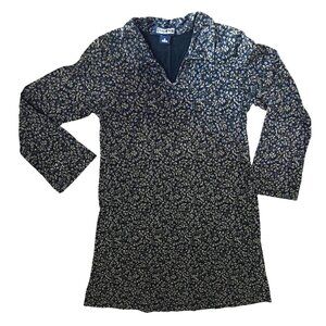 Land's End Long Sleeve Collared V Neck Floral Dress Sz 12 Girls (Medium) Navy Bl